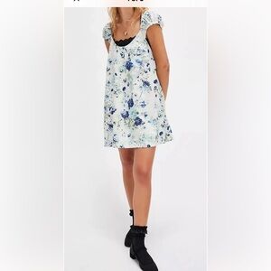 Free People Wildflower Printed Mini Dress Sml Porcelain Combo Linen Cottagecore